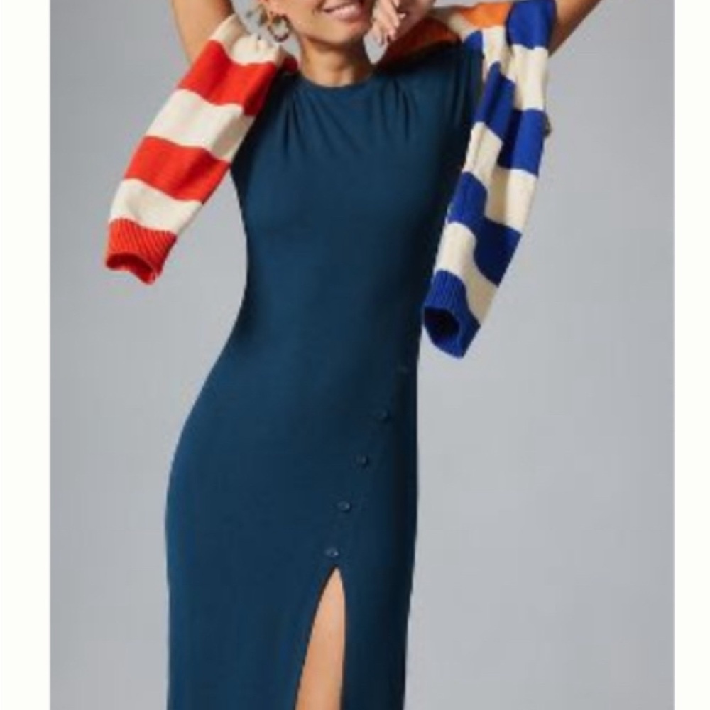 NWT Anthropologie Bordeaux button embellished Bodycon dress Blue Size M